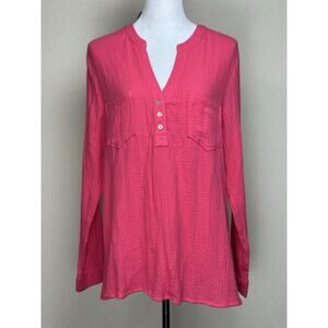 NWT Women’s Popover Gauze Top Tunic SZ XL Pink Long Sleeve Casual 1/4 Button Up